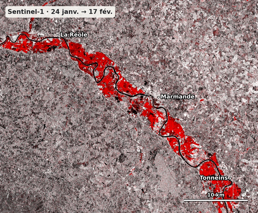 La plaine de la Garonne entre La Réole et Tonneins ; en rouge, les surfaces devenues sombres au radar pendant la crue